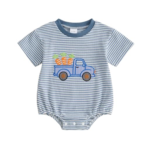 Newborn Baby Boy Easter Outfit Waffle Stripe Short Sleeve Carrot Truck Print Romper Bodysuit My First Easter Outfit