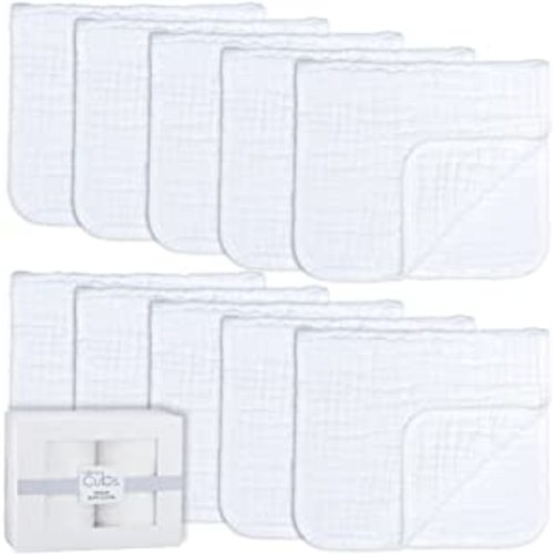 Muslin Burp Cloths Large 100% Cotton Hand Washcloths 6 Layers Extra Absorbent and Soft by Comfy Cubs (White, 10-Pack, 20" X10" )