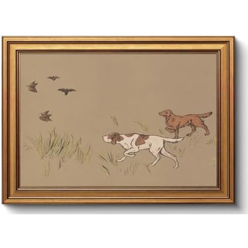 Hunting Dog Vintage Wall Art Gold Framed Picture Brown Neutral Wall Deocr