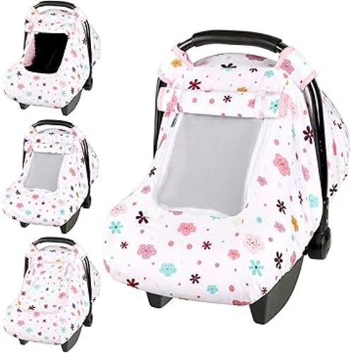 Pea Pod Car Seat Cover Baby, Infant Car Seat Canopy Covers with 2 Layers Windows of Breathable Mesh Fabric, Lightweight Polyester, Soft Minky Dot Backing (Floral Pattern)