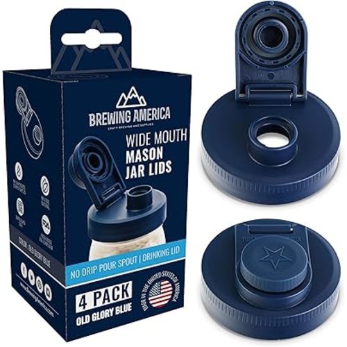 Mason Jar Lids Wide Mouth Plastic 4 pack-USA Made-Flip Cap Screw Top Pour Spout Drink Hole - Leak-proof for Kerr and Ball Canning Jars - Airtight for Drinks to Go and Controlled Pouring - Blue