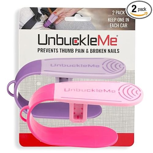 UnbuckleMe Car Seat Buckle Release Tool (As Seen on Shark Tank) - Easy Opener Aid for Arthritis, Long Nails, Older Kids - Button Pusher for Infant, Toddler Car Seats (2 Pack, Pink & Purple)