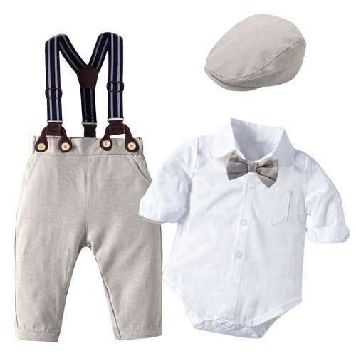 Caqnni Baby Boy Clothes Suits Gentleman Dress Romper Beret Hat Suspender Pants Bow Tie Outfit (18-24 Months,Z092-White)