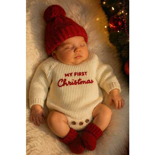 Personalized Baby Christmas Sweater •Custom Name Holiday Jumper • First Christmas Outfit • Newborn Xmas Gift •Custom Name Ruffle Knit Romper