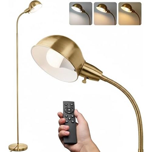 LALISU Modern Metal Dimmable Reading Floor Lamp with Remote, Gold‑Remote