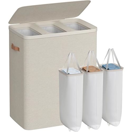 SONGMICS Laundry Basket, 50.2 Gal. Laundry Hamper, 3 Compartments, Easy Assembly, with Lid and Handles, Removable Liners, 25.2 x 15.7 x 29.5 Inches, Cappuccino Beige ULCB814LH01