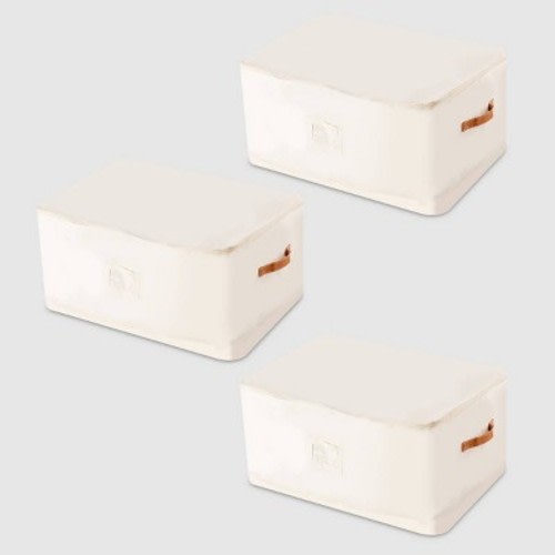 VUSIGN 3pk Zippered Storage Baskets Cotton Linen Light Beige
