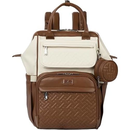 BabbleRoo Leather Diaper Bag Backpack, Multifunction Large Bags with Changing Pad & Stroller Straps & Pacifier Case, Unisex Stylish Travel Back Pack Nappy Changing Bag for Moms Dads (Coffee Cream)