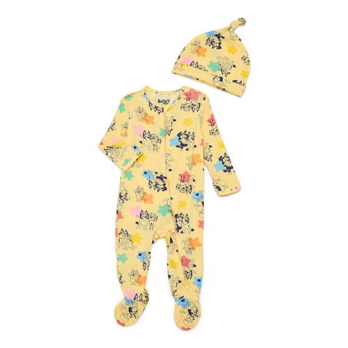 Bluey Baby Boys or Girls Viscose Sleep Footed One-Piece with Hat Set, 2-Piece, Sizes 0M–6/9M