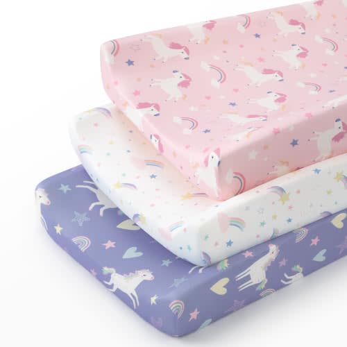 Diaper Changing Pad Cover Girl 32"x16" 3-Pack for Changing Table Pad | Super Soft Stretchy Microfiber Washable, Fitted Baby Changing Table Sheets Sets for Newborn Diaper Mat, Pink Purple Rainbow