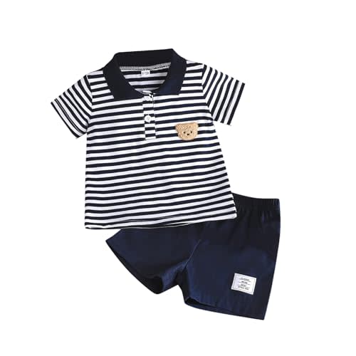 Sprifallbaby Baby Boy Shorts Set Summer Clothes Toddler Bear Embroidery Striped Short Sleeve Lapel T-shirt Shorts Outfit