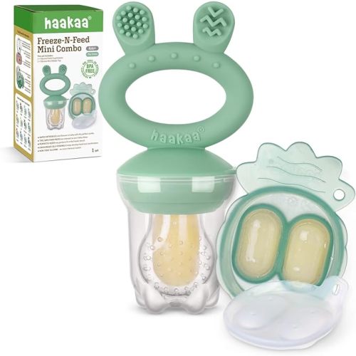 Haakaa Baby Fruit Food Feeder & Mini Freezer Nibble Tray Combo, Popsicle Molds for Baby Cooling Relief, BPA Free Silicone Feeder for Safe Infant Self Feeding, 4 Month+ (Pea Green)