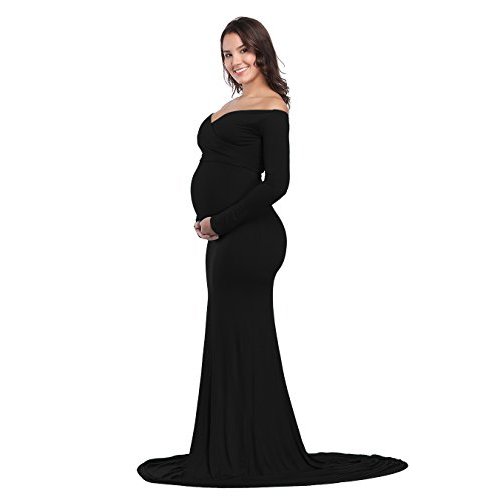 VSNOW Maternity Elegant Fitted Maternity Gown Long Sleeve Slim Fit Maxi Photography Dress for Photoshoot Pregnant Dress