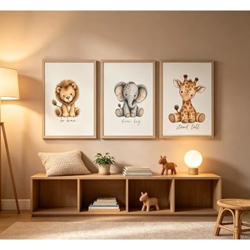 3Pcs Safari Animal Nursery Wall Art, Watercolor Cute Animals Canvas Print