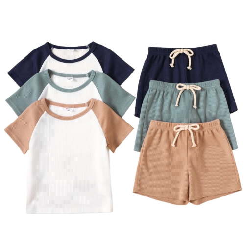 PatPat Toddler Boys Summer Outfit, Waffle Raglan Tee and Solid Shorts Set, Polyester, Brown, 18-24M