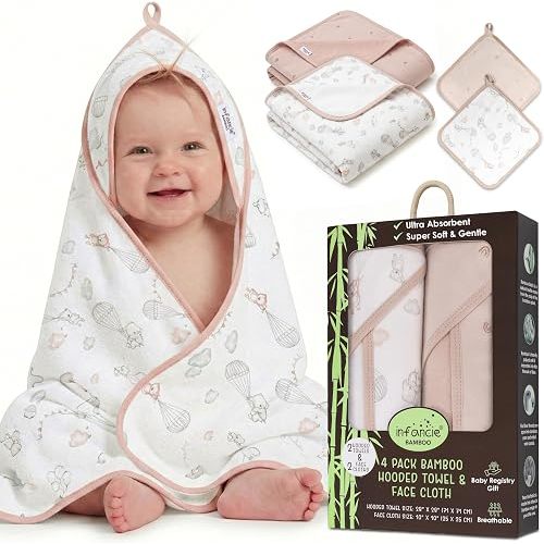 Bamboo Viscose Rich Hooded Baby Towels with Washcloths – 2 Hooded Towel (71 x 71 CM) & 2 Washcloth (25 x 25 CM) – Ultra Soft, Absorbent & Cozy Cotton Bath Towels for Newborns and Infants
