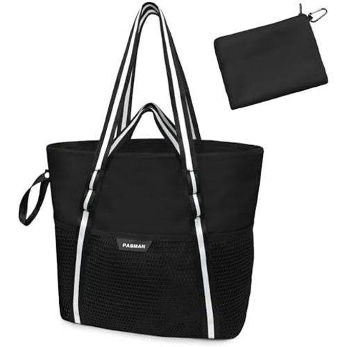 Beach Bag with Zipper - 8 Pockets Sandproof Beach Tote Bag for Women,Foldable Lightweight Family Swim Bag Vacation