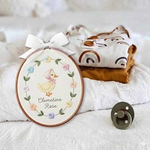 Personalized Embroidered Baby Announcement Sign, Flowers Duck Embroidery Signs for Nursery Decor, Essentials Newborn Photography Props, Gender Reveal Baby Name Sign, Gifts for Newparents