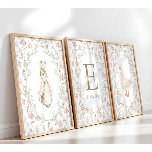 Floral Vintage Nursery Wall Art Set of 3, Custom Baby Name, Vintage Nursery Decor, Bunny, Goose, Cottagecore Art, Baby Shower Gift Girl 457C