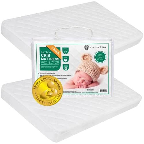 2 Pack Crib Mattress Protector Pad (Mom's Choice Award Winner) by Margaux & May - Waterproof - Noiseless - Dryer Friendly - Deluxe Bamboo Rayon - Fitted, Quilted 52 x 28 x 9 inch