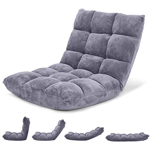 Giantex Folding Floor Chair with Back Support, 14 Adjustable Position, Padded Sleeper Bed, Couch Recliner, Gaming Floor Chairs for Adults, Meditation, Living Room (Grey)