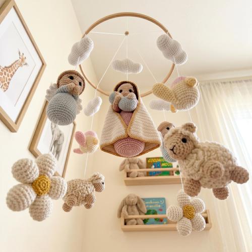 Handmade Crochet Virgin Mary Baby Mobile, Angels, Lambs, Clouds, Neutral Nursery Decor | V16D