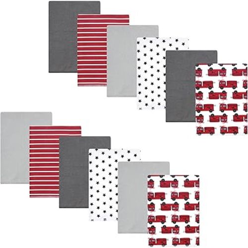 Hudson Baby Infant Boys Cotton Flannel Burp Cloths 12-Pack Bundle, Fire Truck, One Size