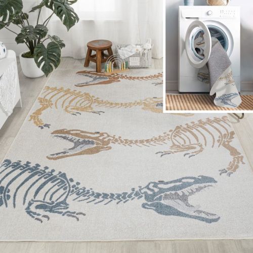 JONATHAN Y Kingdarr T-Rex Modern Kids Machine-Washable Cream/Multi 5 ft. x 8 ft. Area Rug, Easy-Clean, Soft, Durable, Synthetic Construction