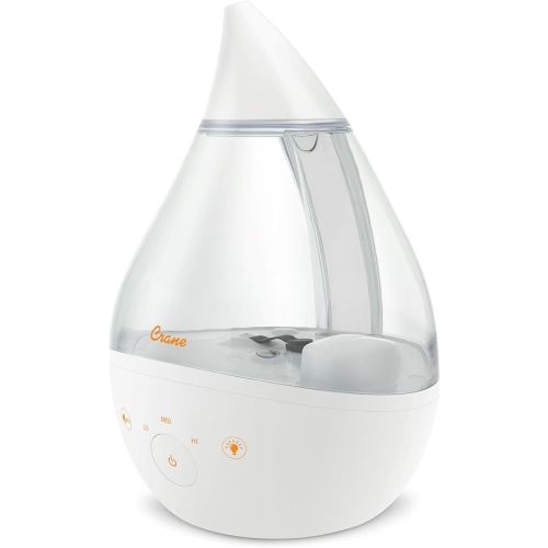 Crane White Drop 4 in 1 Ultrasonic Cool Mist Top Fill Humidifier with Sound Machine, 1 Gallon Tank, For Large Rooms, Clear and White, Baby Nursery Humidifier