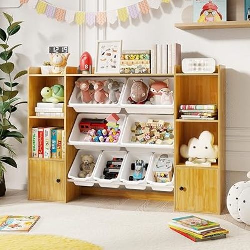 IFANNY Toy Storage Organizer with Bins, 4 Tier Bookcase with Storage Cabinets & Open Shelves, Book Shelf for Kids Rooms, Playroom, Nursery, Classroom, Kindergarten (Burlywood)