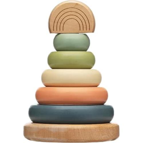 Pearhead Wooden Rainbow Stacking Ring Toy, Montessori Baby Stacker