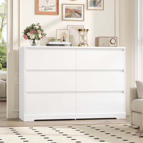 Homfa 6 Drawer Double Dresser, 47.2'' Wood Storage Side Cabinet Chest of Drawer for Bedroom Living Room, White