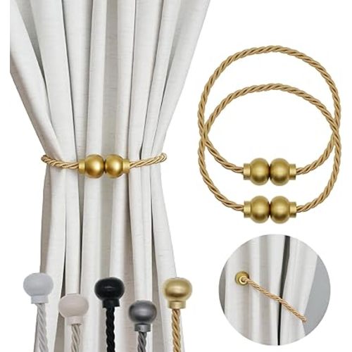 2 Pack Magnetic Curtain Tiebacks Modern Handmade Rope Curtain Tie Backs Decorative Drapes Weave Holdbacks for Home Outdoor Bedroom Office Decorative Curtain, Gold