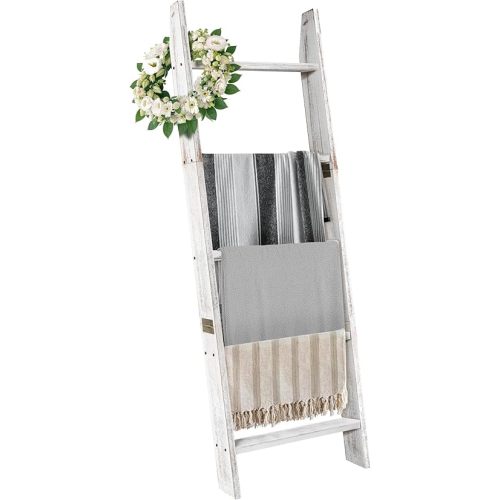 Honest Blanket Ladders for The Living Room, 5-Tier Blanket Holder, Wall-Leaning Blanket Rack, Ladder Shelves, Wooden Quilt Ladder, Farmhouse Decor, White