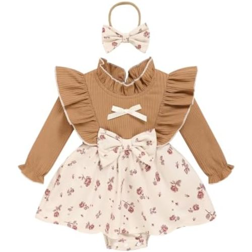 Baby Girls Romper Dress Long Sleeve Ruffle Ribbed Knit Fall‑Winter Bodysuit