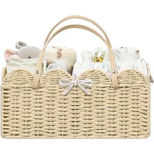 HBlife Large Baby Diaper Caddy, Paper Rope Storage Baskets Nursery Bin with Removable Divider, Portable Car Organizer for Diapers, Baby Shower Gifts, Newborn Essentials Must Haves