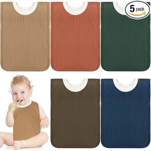 Newwiee 5 Pcs Large Muslin Pullover Baby Bibs Full Coverage Toddler Slip on Absorbent Bib Waterproof Toddler Towel Bibs (Classic Color)