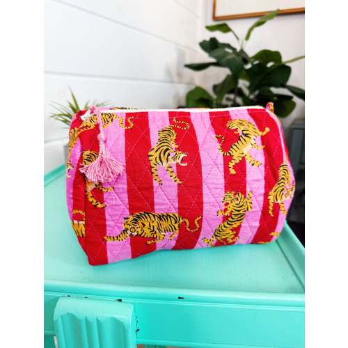 Quilted Makeup Cosmetics Toiletry Bag - Pink Red Tiger Print