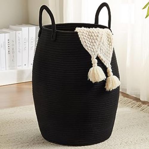 Cotton Rope Laundry Hamper Basket, 65L Woven Large Laundry Basket, Tall Dirty Clothes Hamper for Storage Blankets, Toys in Bedroom, Living Room Organizing-Collapsible-Black