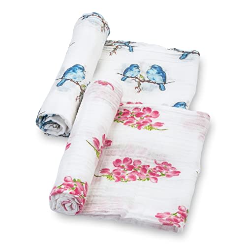 LollyBanks Baby Swaddle Blanket, 100% Muslin Cotton Muslin Blankets for Girls, Large 47 x 47 Inches Soft and Breathable Swaddles for Newborns, Baby Receiving Blanket, Registry (Flower and Bird 2 Pack)