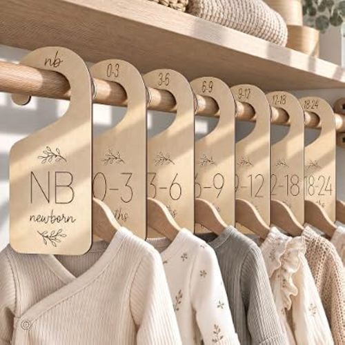 Baby Closet Dividers for Clothes Organizer - Set of 7 Adorable Wooden Double-Sided Baby Clothes Size Hanger Organizer from Newborn to 24 Months for Nursery Beautiful Decor