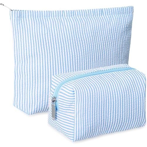Huhumy 2 Pcs Makeup Bag Set for Women, Blue, Thin Stripe