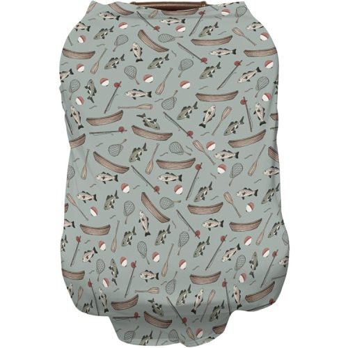 Vintage Fishing Baby Car Seat Covers for Boys Girls Gender Neutral Fishing Lovers Gift All-in-1 Soft Nursing Cover for Breastfeeding Outdoor Adventure Summer Breathable Stretchy Infant Carseat Canopy