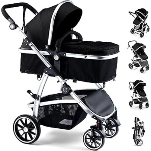 Baby Stroller, 2-in-1 Reversible Toddler Seat with Bassinet Mode, Foldable Infant Stroller with Canopy, One Button Brake, Adjustable Handle, Newborn Pushchair(Black)