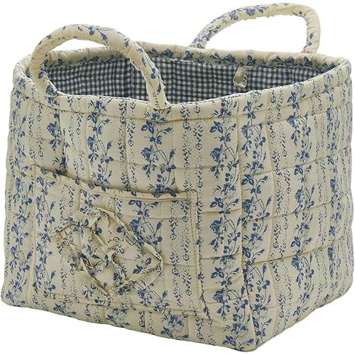 Neaonau Quilted Fabric Storage Basket with Handles & Pocket, Foldable Laundry Hamper Boho Floral Print Organizer Bin for Home, Picnic, Office 12"x10"x10" (B-5)