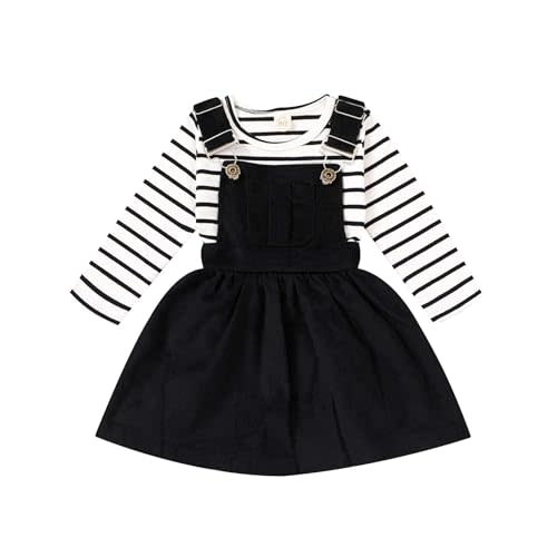 Toddler Baby Girl Fall Outfit Long Sleeve Stripe T-Shirt and Strap Dress Overall with One Pocket Clothes Sets