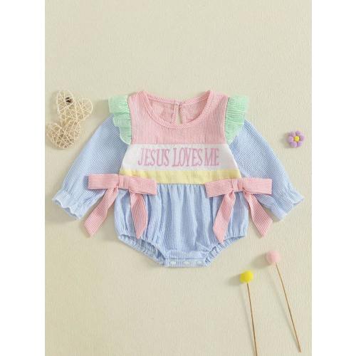 Baby Girl Autumn Striped Romper Flying Sleeve Round Neck Letter Embroidery Jumpsuit | SHEIN USA