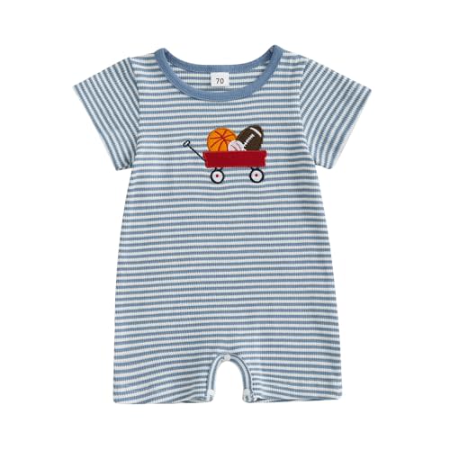 Licupiee Newborn Boy Football Romper Infant Baby Waffle Knit Summer Clothes Embroidery Excavator Short Sleeve Stripe Jumpsuit