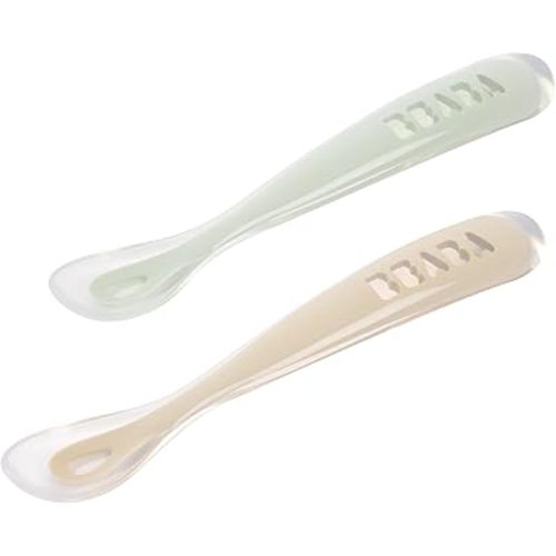 BEABA Baby's First Foods Spoon Set with Travel Case, Original Soft Silicone Baby Spoons, Baby Essentials, Travel Set, Sage + Cloud