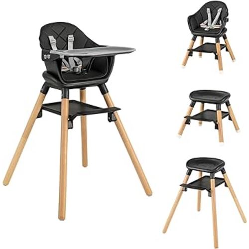 HONEY JOY Baby High Chair, 6 In 1 Convertible Wooden Highchair for Babies and Toddlers/Toddler Chair/Bar Stool, Removable Double Tray & Reversible Footrest, Safety Harness for Infant Boys Girls(Black)